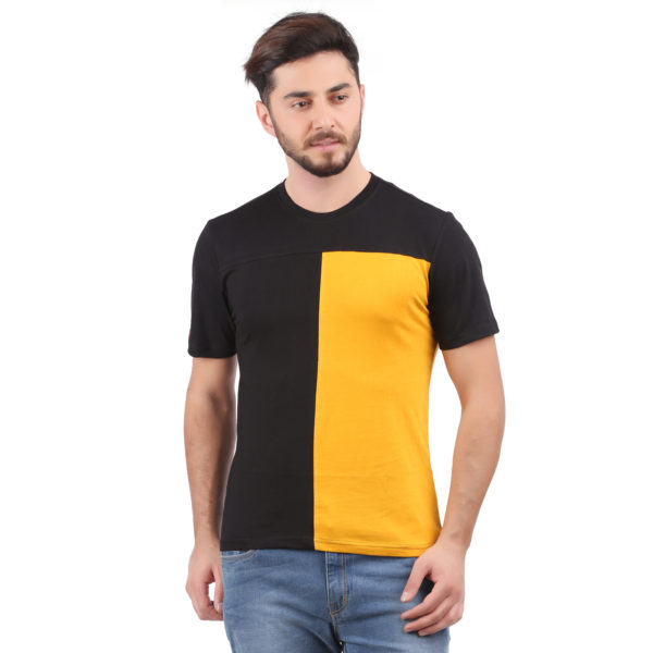 Vakum Men Black Mustard Round Neck Blocked T Shirt