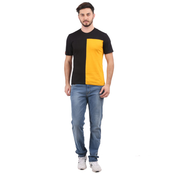 Vakum Men Black Mustard Round Neck Blocked T Shirt