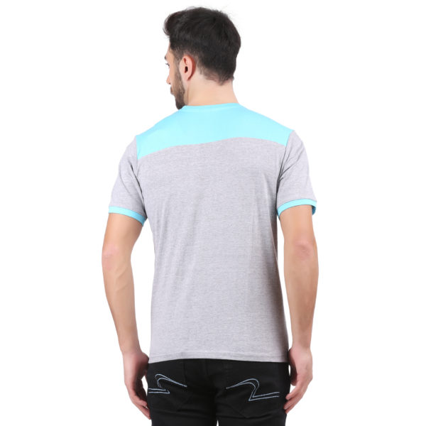 Vakum Men Grey & Sky Blue Round Neck Blocked T Shirt