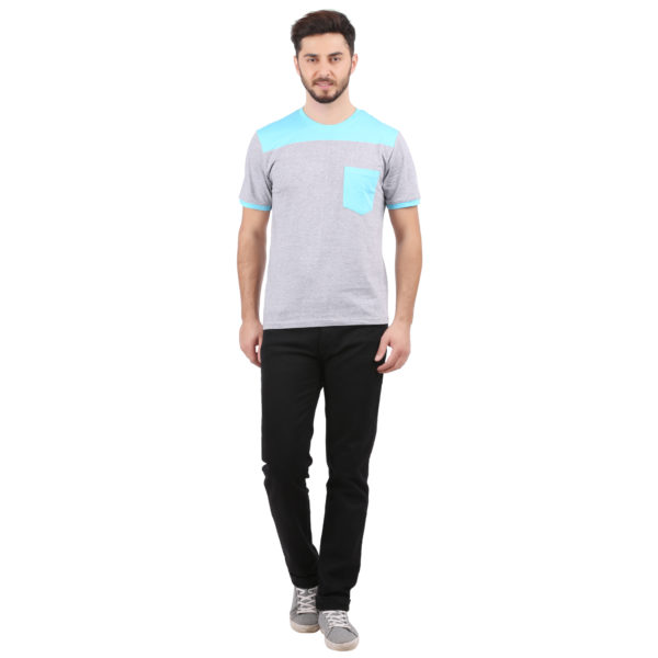 Vakum Men Grey & Sky Blue Round Neck Blocked T Shirt