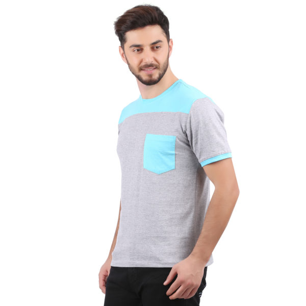 Vakum Men Grey & Sky Blue Round Neck Blocked T Shirt