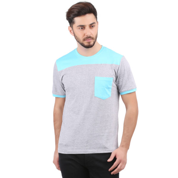 Vakum Men Grey & Sky Blue Round Neck Blocked T Shirt