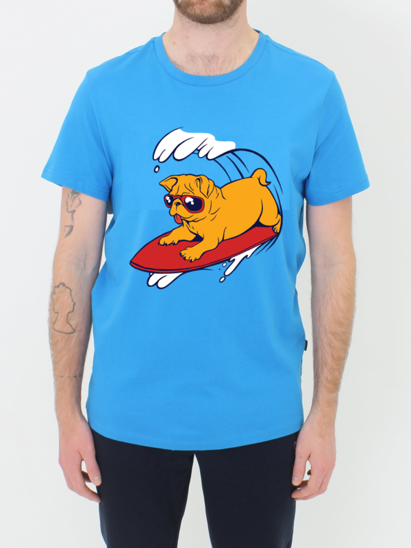 Vakum Indian Blue Round Neck Pug Surfing Printed T Shirt